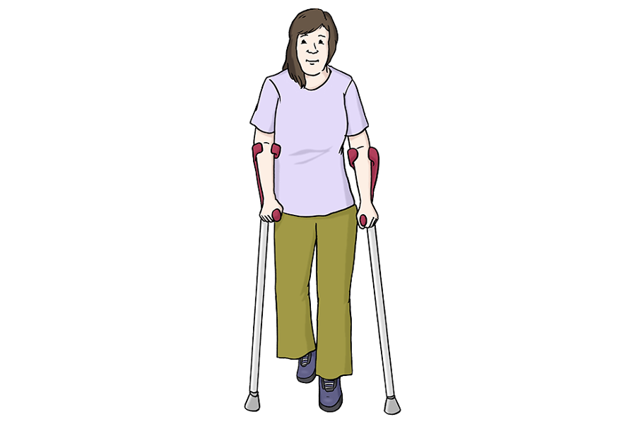 Eine Frau an Geh-Hilfen (Quelle:Lebenshilfe für Menschen mit geistiger Behinderung Bremen e.V., Illustrator Stefan Albers, Atelier Fleetinsel, 2013)