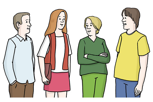Gespräch (Quelle:Lebenshilfe für Menschen mit geistiger Behinderung Bremen e.V., Illustrator Stefan Albers, Atelier Fleetinsel, 2013)